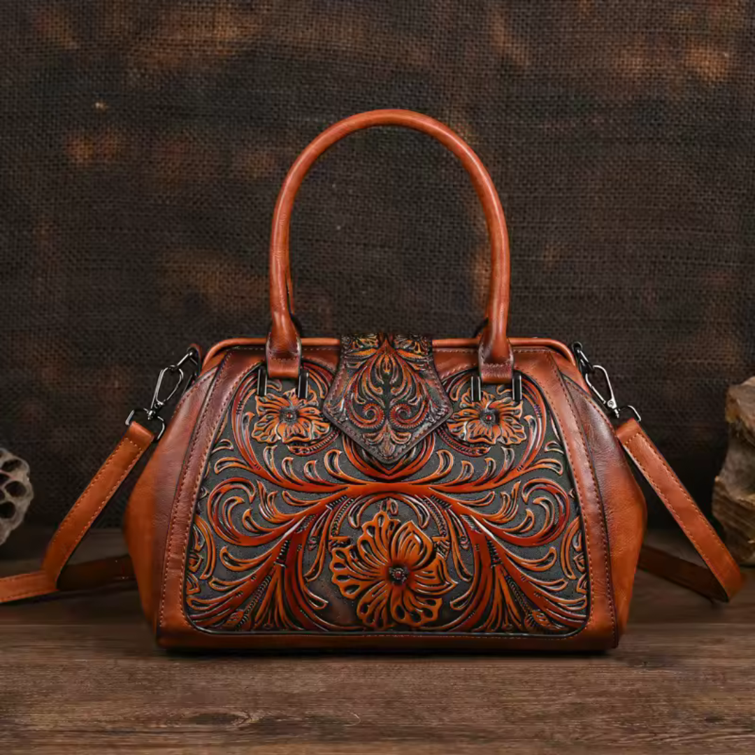 Florina - Leather Handbag with Engraved Floral Pattern