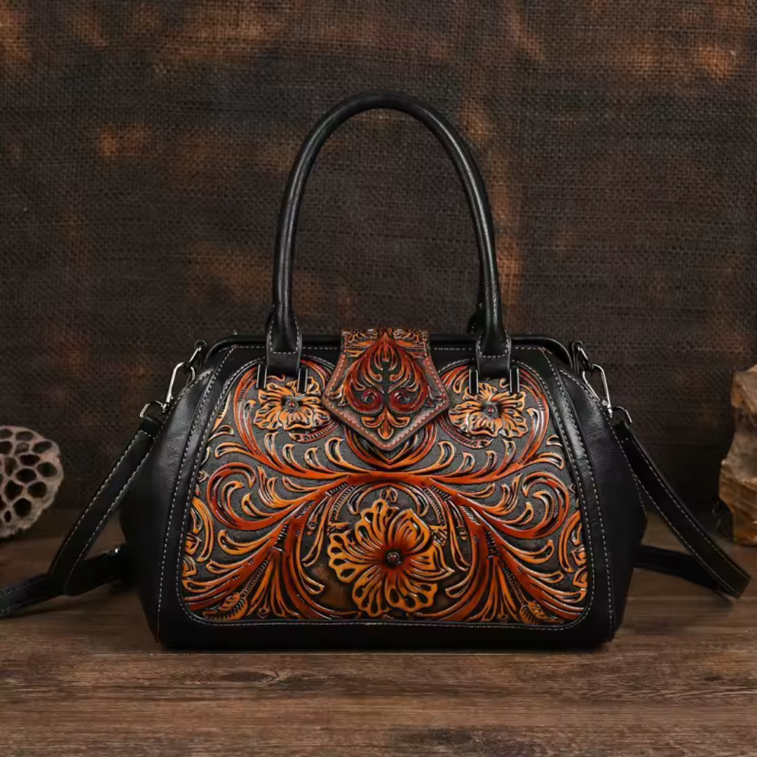 Florina - Leather Handbag with Engraved Floral Pattern