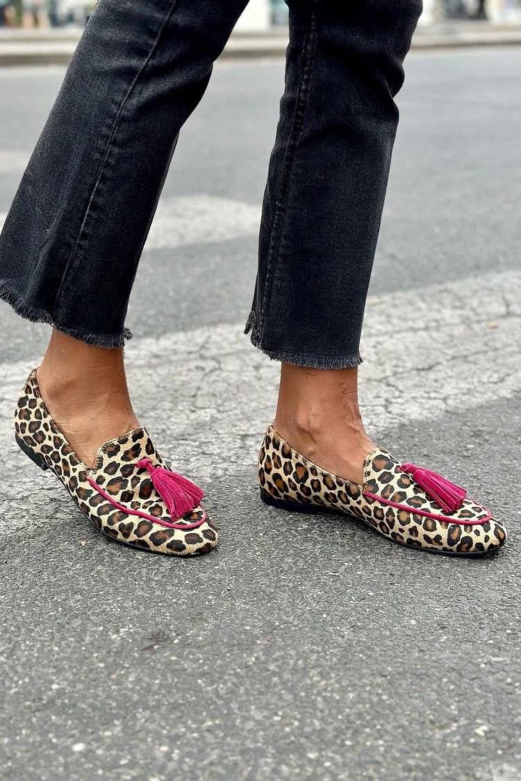 ANIMAL PRINT LOAFER WITH FUCHSIA FRINGES - Liam & Ivy