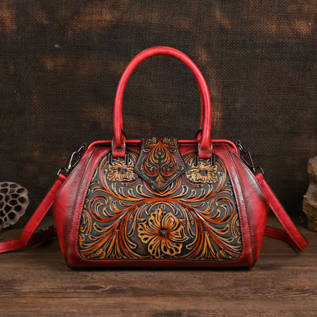 Florina - Leather Handbag with Engraved Floral Pattern