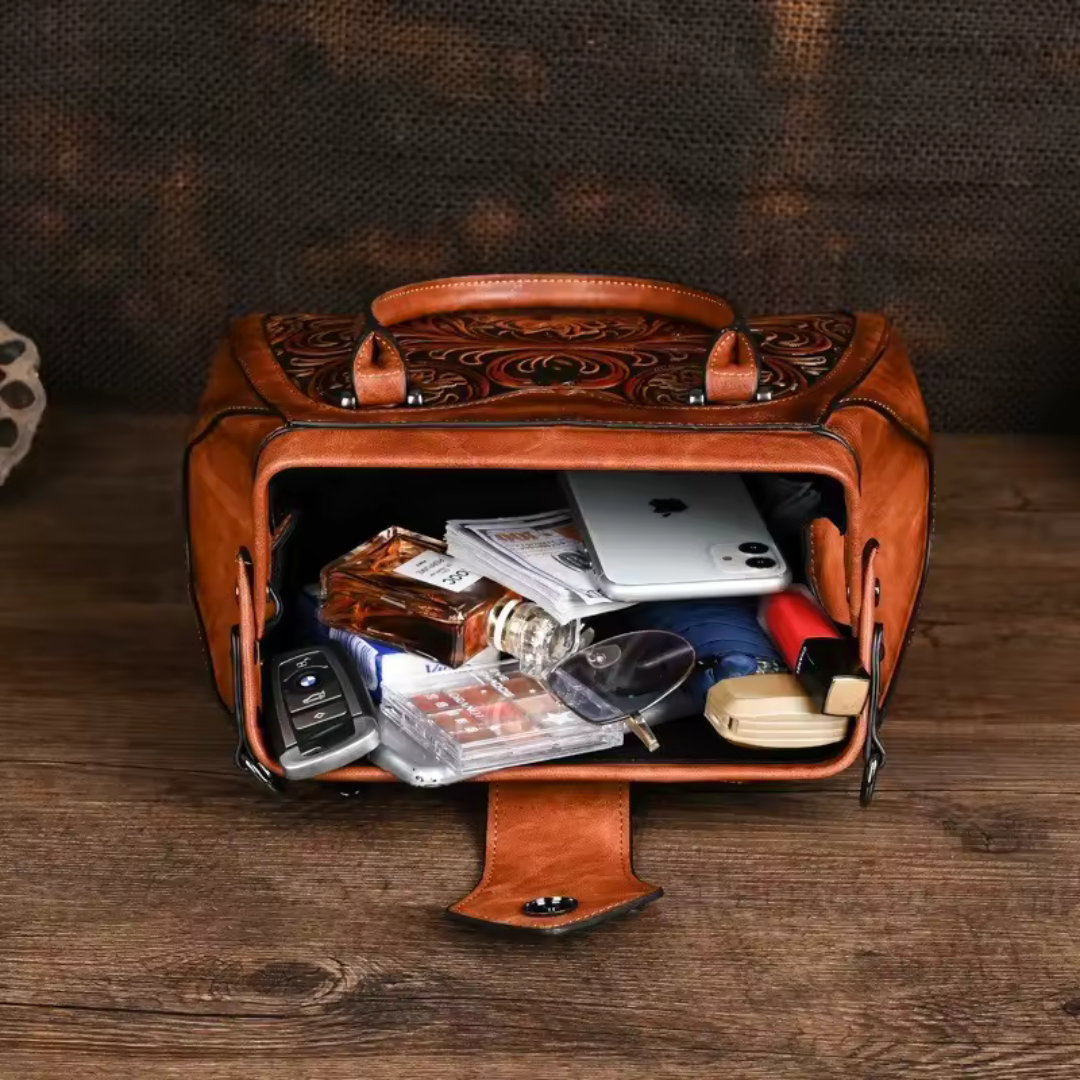 Florina - Leather Handbag with Engraved Floral Pattern