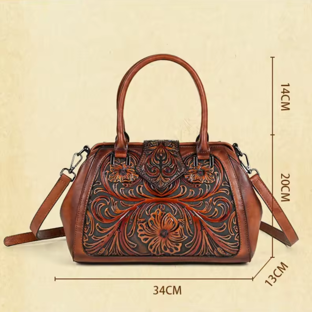 Florina - Leather Handbag with Engraved Floral Pattern