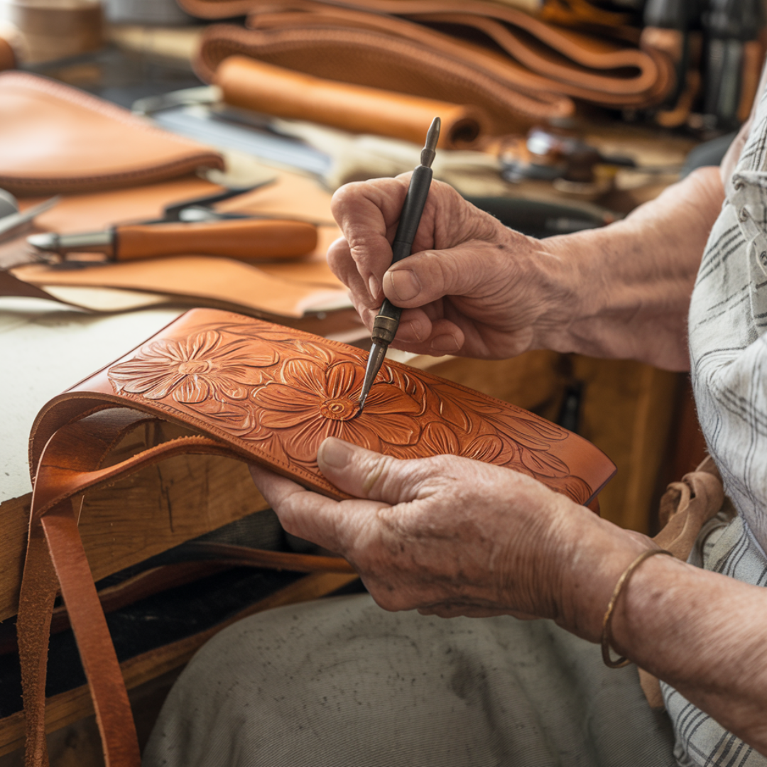 Florina - Leather Handbag with Engraved Floral Pattern