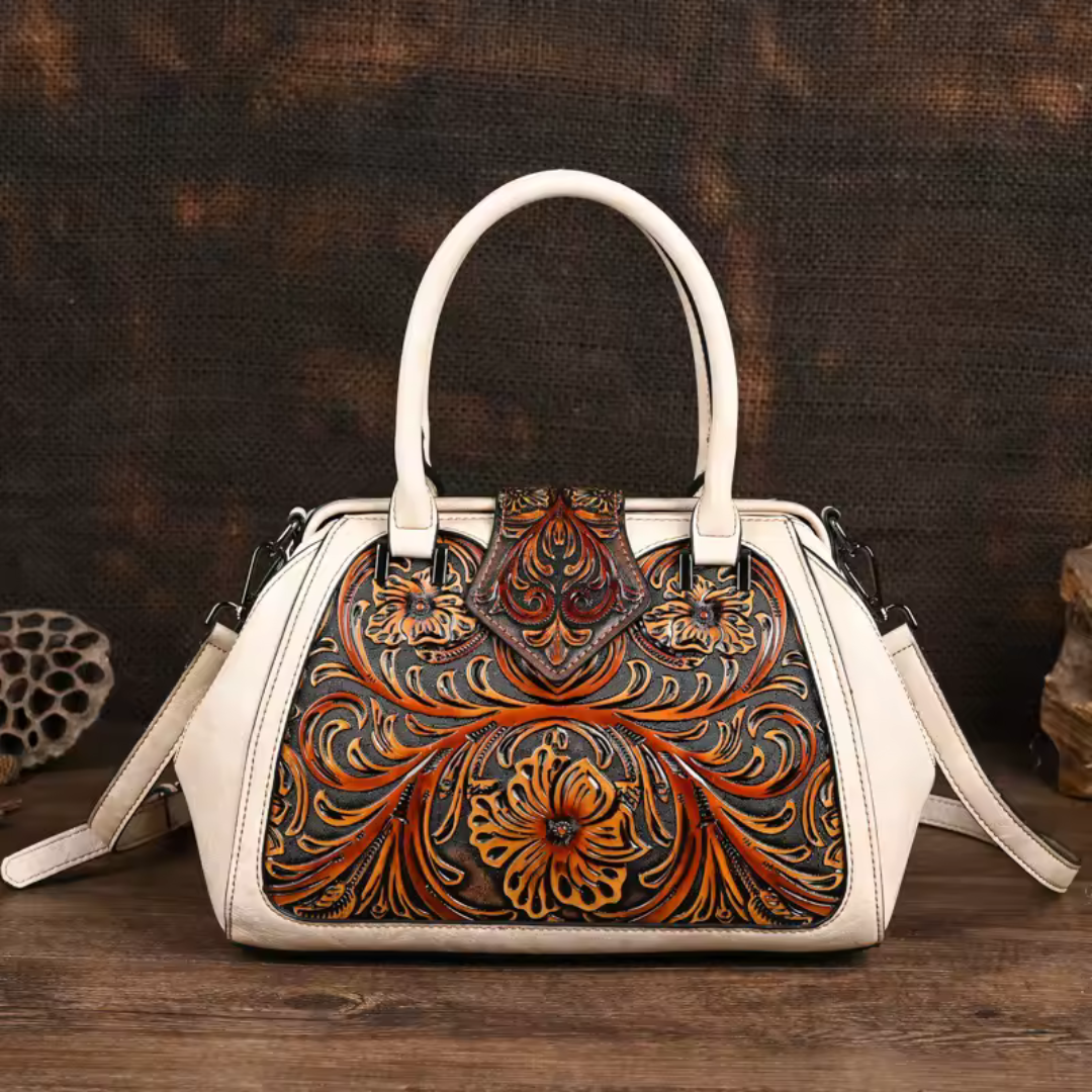 Florina - Leather Handbag with Engraved Floral Pattern