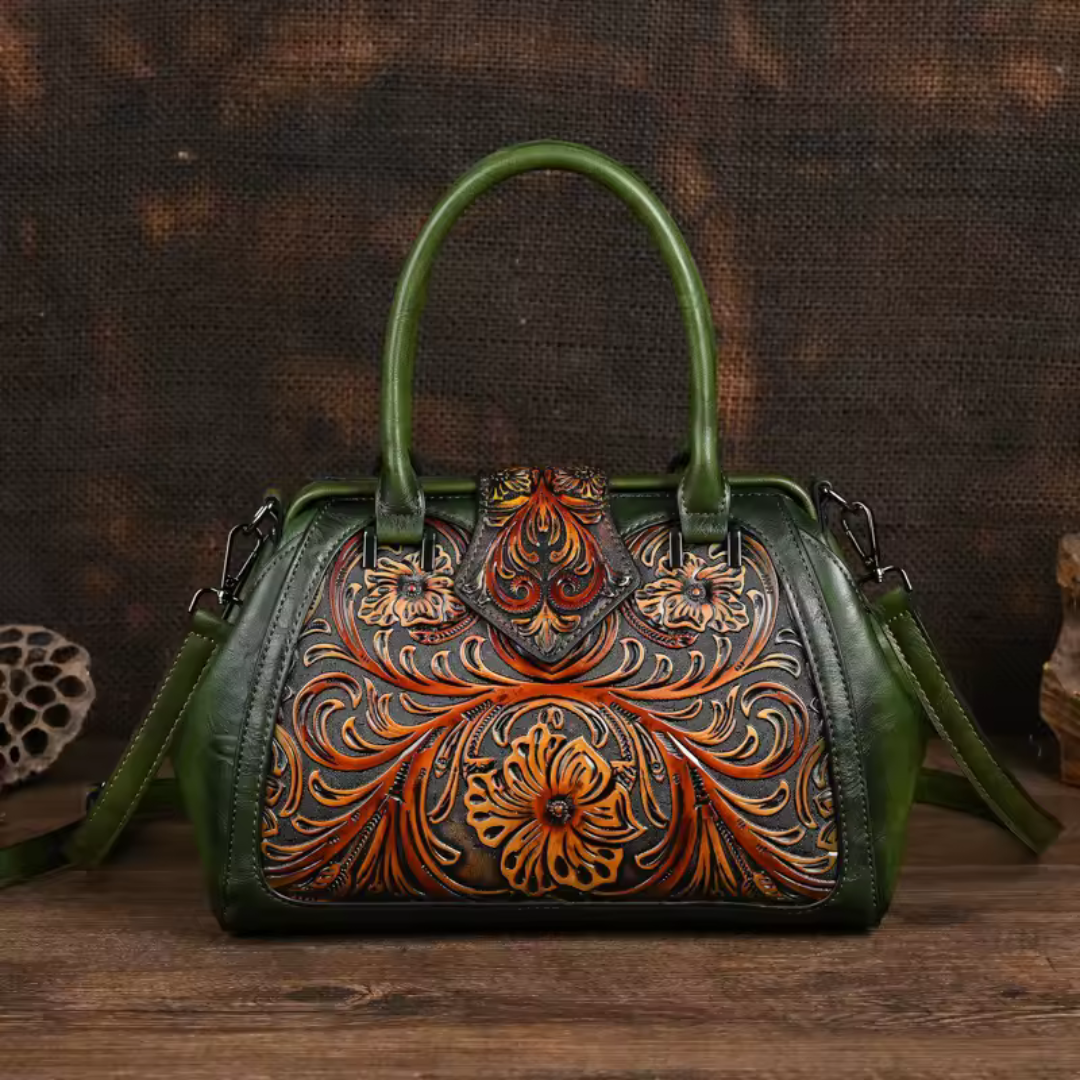 Florina - Leather Handbag with Engraved Floral Pattern